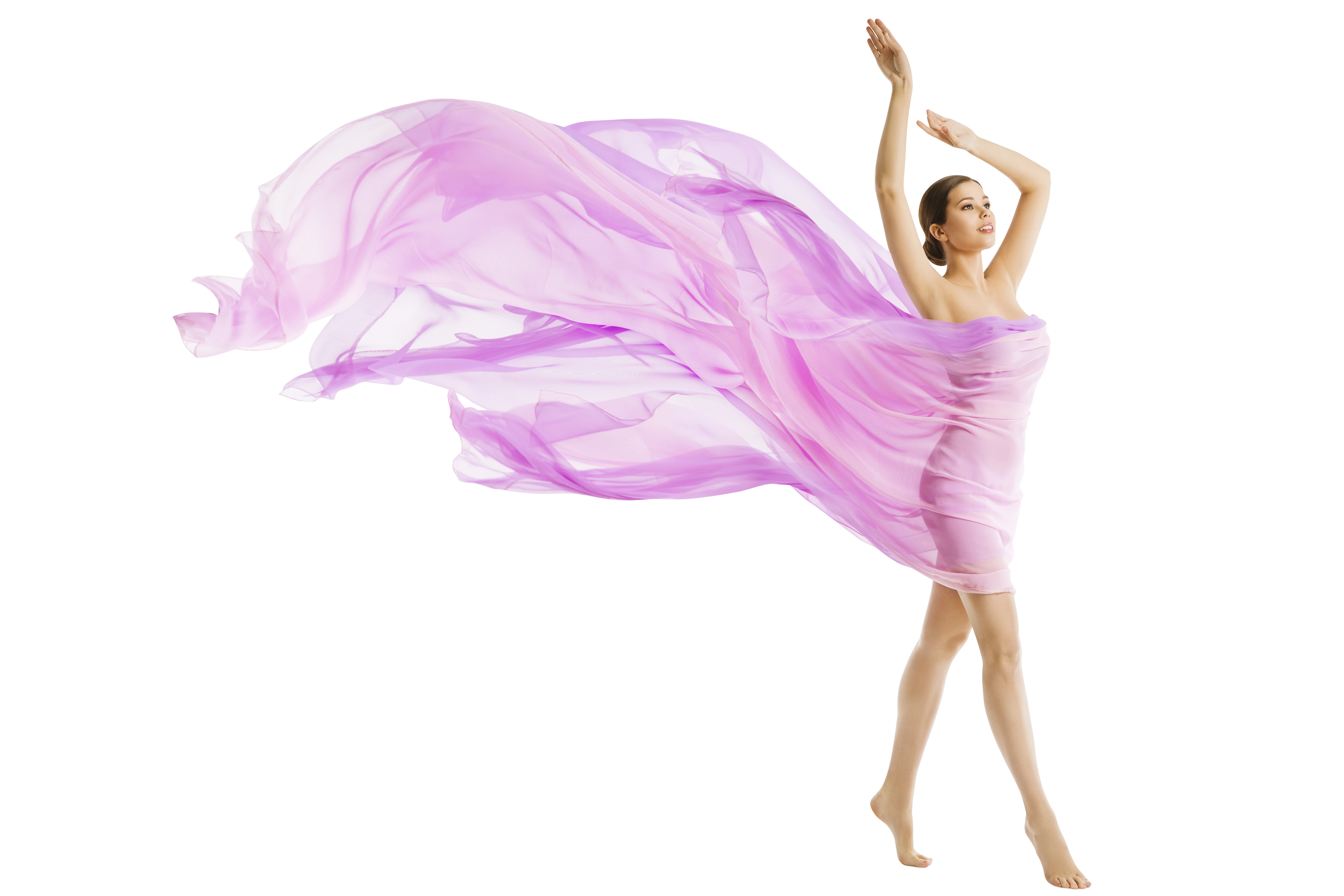 Woman Body Beauty, Model Dressed in Silk Pink Flying Fabric Fluttering on Wind, Young Girl Walking over White Background